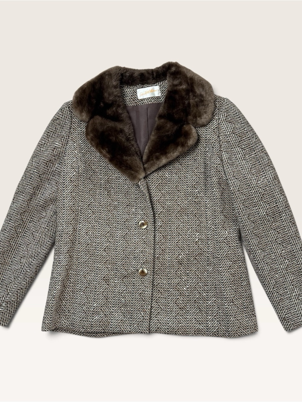 Vintage Saks Fifth Avenue 60s Herringbone Tweed Fur Collar Jacket